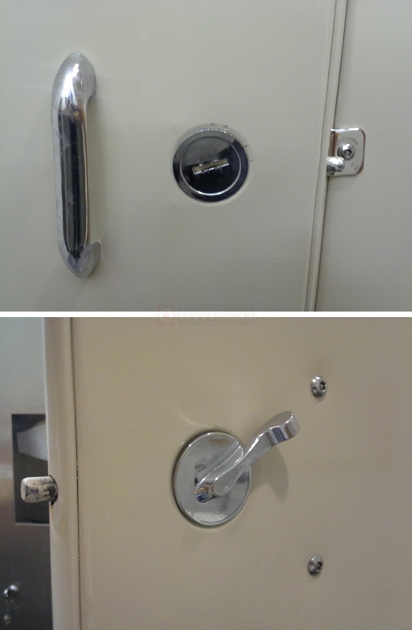 User submitted photos of lavatory partition hardware.