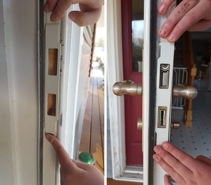 User submitted photos of a storm door strike plate.