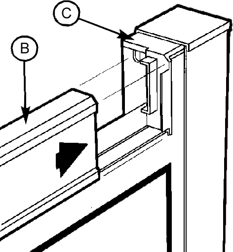 Diagram of how to insert the curved top track into the plastic joint.