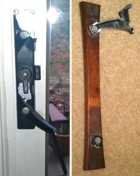 A customer submitted photo of a patio sliding door handle.