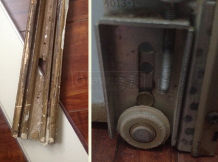A customer submitted photo of a closet door track and roller.