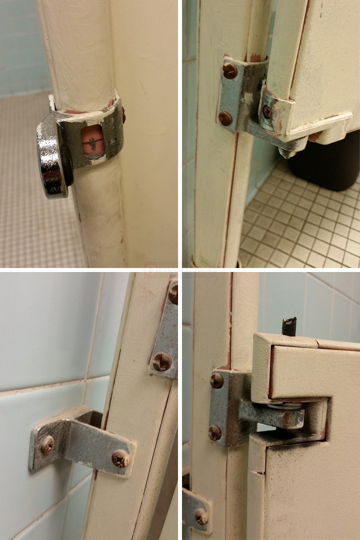 User submitted photos of lavatory partition hardware.