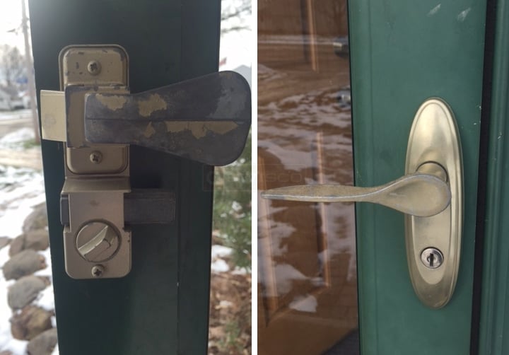 User submitted photos of storm door hardware.