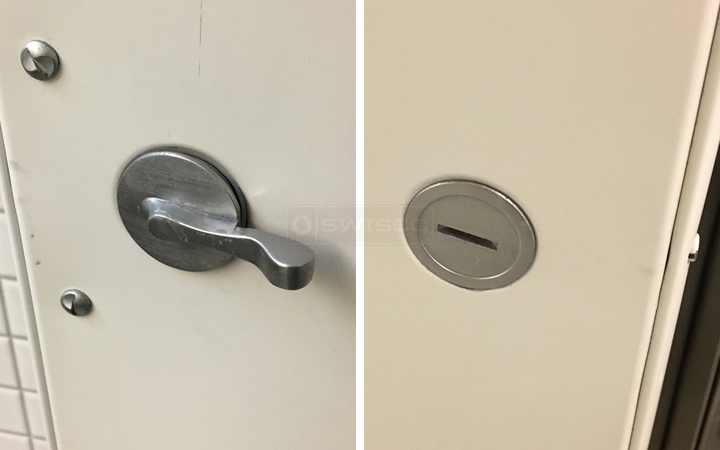 User submitted photos of lavatory partition hardware.