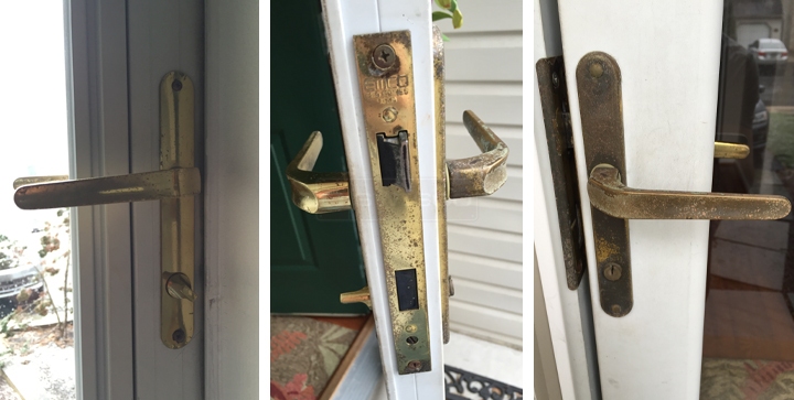 User submitted photos of storm door hardware.