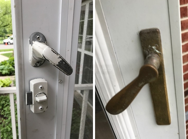 User submitted photos of storm door hardware.