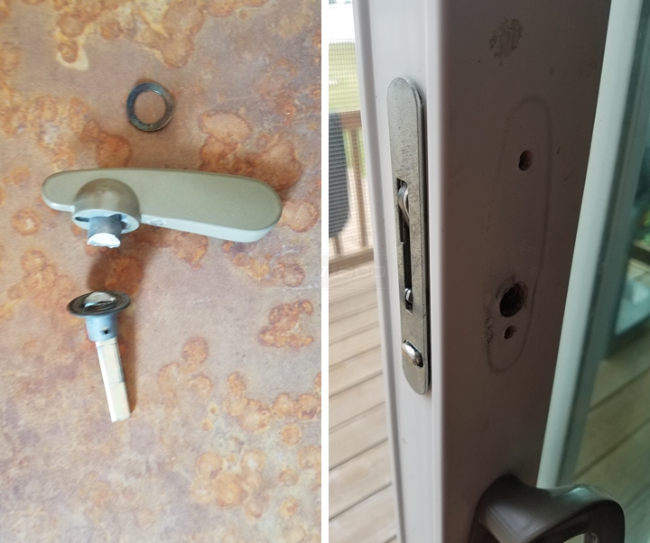 User submitted photos of patio door hardware.