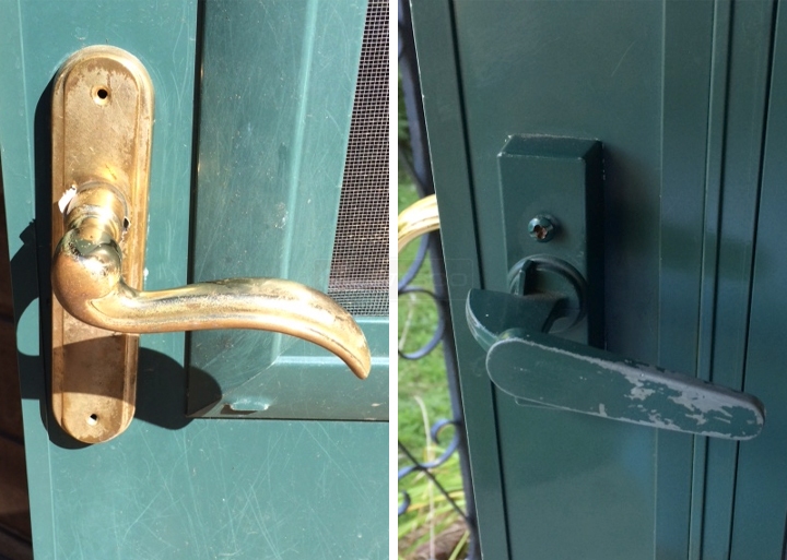 User submitted photos of a storm door handle set.