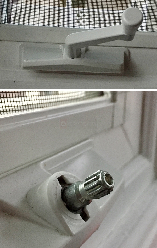 Pella vinyl casement windows, installed 2010. Handle crank marked 45054