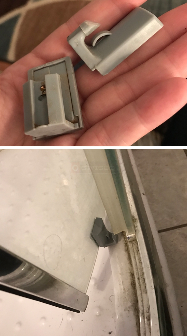 User submitted photos of shower door hardware.
