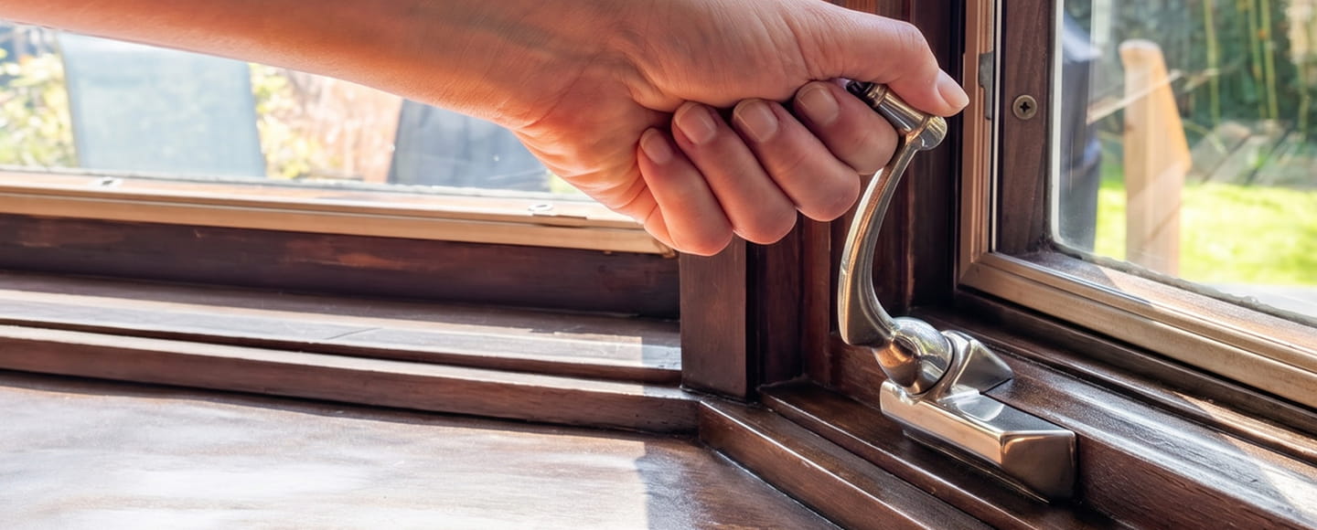A close-up view of a hand turning a polished metal window crank handle on a dark wood-framed casement window as bright sunlight streams inside.
