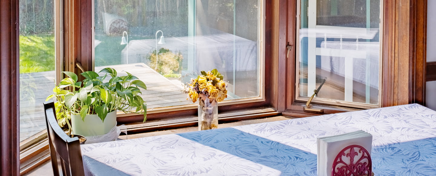 A sunlit dining room with large wood-framed windows looking out onto a wooden deck, featuring a green potted plant and a table with a blue-and-white leaf-patterned tablecloth.